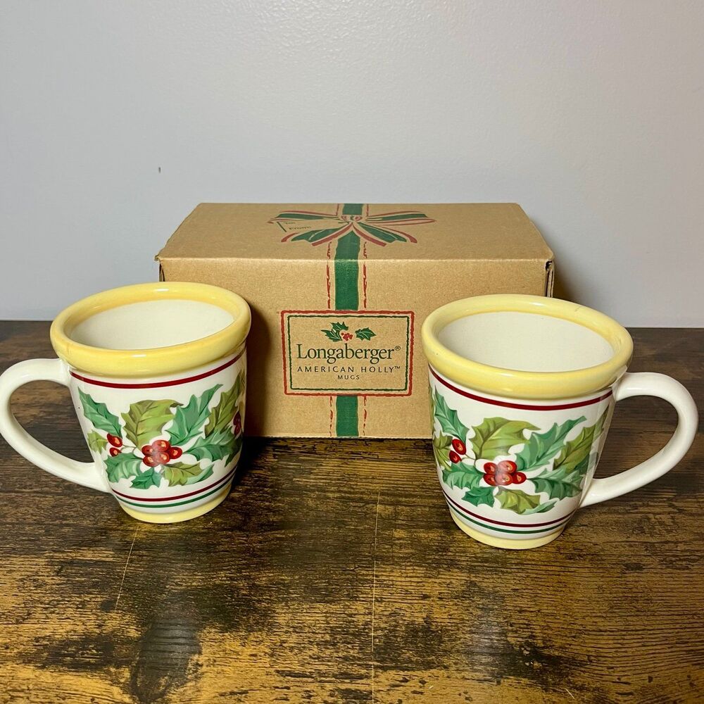 2 Longaberger American Holly Christmas Coffee Tea Mugs 2001 Retired